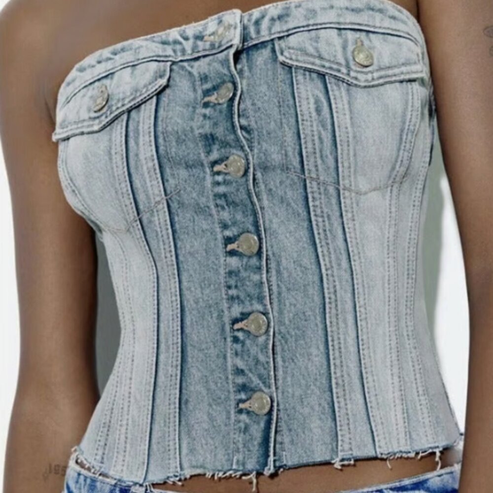 Zara strapless denim button up top